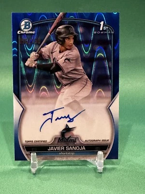 JAVIER SANOJA 1st AUTO 2023 Bowman Chrome Blue Ray Wave REFRACTOR /150 Marlins - Image 1 of 2