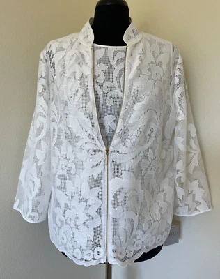 KASPER 女式 10 码花卉蕾丝吊带和夹克带拉链百合白色全新带标签 — 第 1/4 张图片