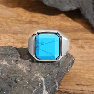 Tibetan Turquoise Mens Engagement Ring, 925 Solid Silver, Best Gift For Father - Picture 1 of 6