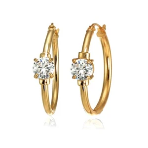 Solitaire Cubic Zirconia 25mm Hoop Earrings in Rose Gold Plated Sterling Silver - Picture 1 of 3