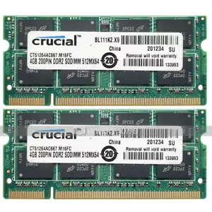 Crucial 8GB 2X4GB PC2-5300S DDR2-667MHz 200PIN 1.8V NON ECC Laptop SODIMM Memory - Picture 1 of 5