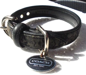 COACH BLACK LEATHER GRAY JACQUARD SIGNATURE C DOG PET COLLAR EXTRA SMALL 4003 XS - Picture 1 of 14