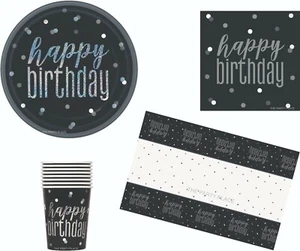 Black Glitz Happy Birthday Napkins Tablecover Banners, Plates Balloons Packs - Picture 1 of 16