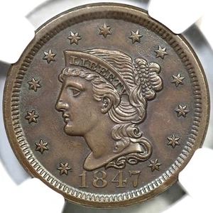 1847 N-36 R-5+ NGC UNC Details CC 1 or 2 Braided Hair Large Cent Coin 1c - Picture 1 of 3