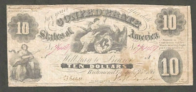1861 CONFEDERATE $10 CURRENCY ~ T-10 ~ LIBERTY & EAGLE ~ NICE PROBLEM-FREE NOTE - Image 1 of 2