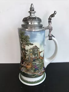 Vintage Kurt Hammer Germany Porcelain Lidded Beer Stein 9-3/4” Tall Rural Scene - Picture 1 of 17