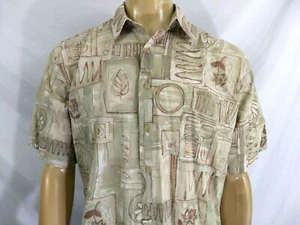 BURMA BIBAS Shirt Mens Large 100% Cotton Lawn SS L Beige Green Brown Abstract - Foto 1 di 7