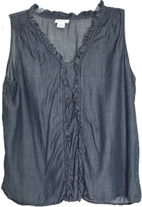 Liz Claiborne Blue Chambray Top Sz L Sleeveless V-Neck Ruffle Collar Pullover - Picture 1 of 5