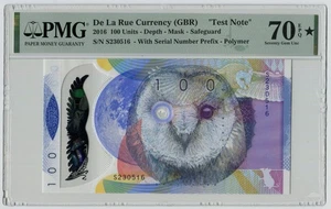 PMG 70 De La Rue (GBR) 2016 Owl 100 Units Depth Mask Safeguard Polymer Test Note - Picture 1 of 2