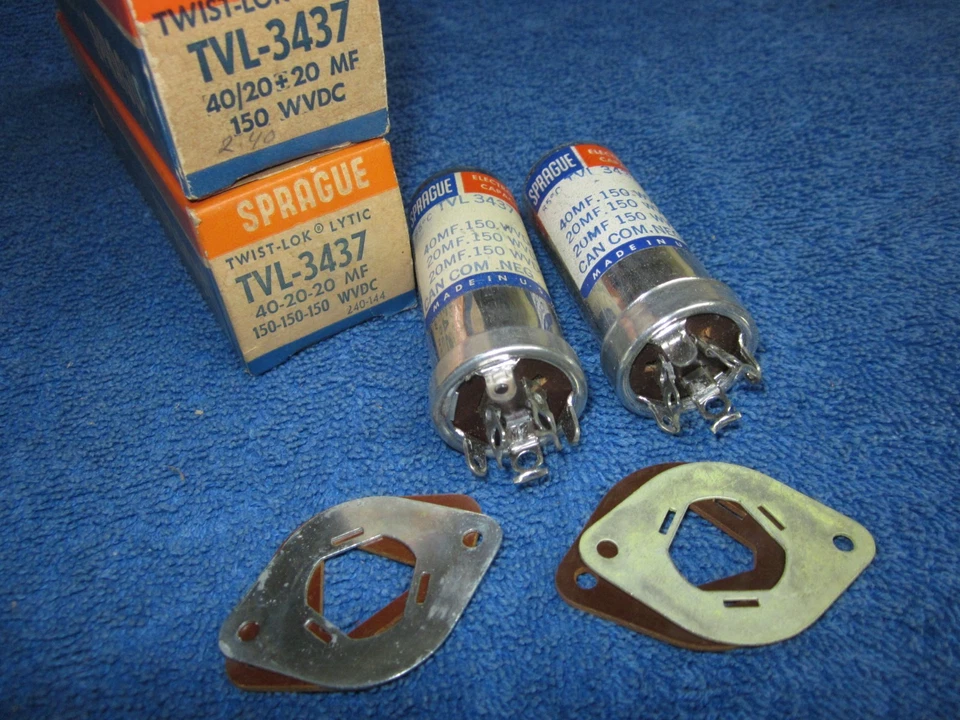 2件装NOS老式罐式电容器全部150伏40-20-20UF SPRAGUE TVL-3437 — 第 1/1 张图片