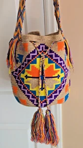 Wayuu Mochila Bright Colorful Large Columbian Bucket Bag Hobo Drawstring Purse - Picture 1 of 8