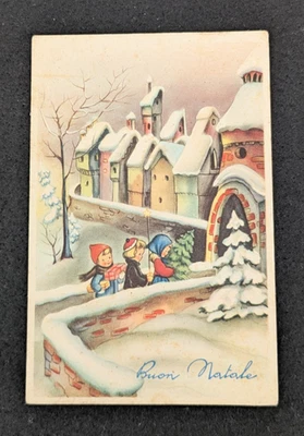 Cartolina augurale Buon Natale viaggiata Bambini Neve Albero doni Anno 1954 - Immagine 1 di 2