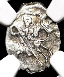 NGC AU53. RUSSLAND Iwan IV. "Der Schreckliche", 1533-1584 n. Chr. Silbermünze Kopek Pferd - Bild 1 von 5