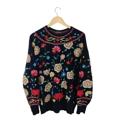 Jersey Zara tejido para mujer negro mezcla de lana Cottage Core bordado talla mediana Foto 1 de 4
