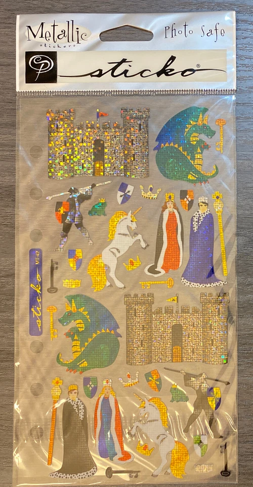 Vintage Sticko Metallic Stickers Fantasy Dragons Unicorns Knights Castles - Изображение 1 из 1