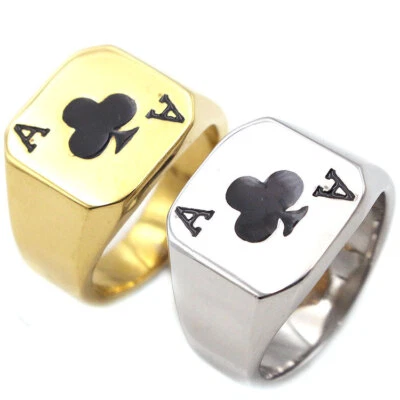 Poker Card Club Pattern Black Enamel Ring Titanium Men's Lucky Signet Biker Ring - Image 1 of 4