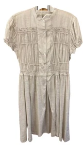 Max Studio Linen Ramie Blend Tunic top M Short Sleeve Smocked Button Khaki Brown - Picture 1 of 18