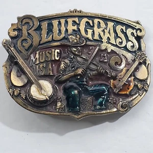 Vtg 1982 Bluegrass Music USA Metal Enamel Belt Buckle Great American Buckle Co - Picture 1 of 6