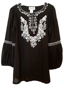 Lady Noiz Women's S Embroidered Bishop Long Sleeve Boho Tunic Top Black/White - Picture 1 of 8