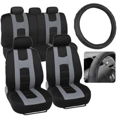 Fundas de asiento de coche deportivo Roma gris + cubierta de volante de cuero PU cosida 10 piezas Foto 1 de 4