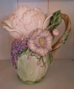 Fitz & Floyd Fauna & Flora 48 Ounce Water Pitcher Pink Purple Green - Picture 1 of 13