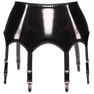 Wet Look Black PU Suspender Belt, Fully Fashioned Cuban Heel Stockings Options - Imagem 1 de 4