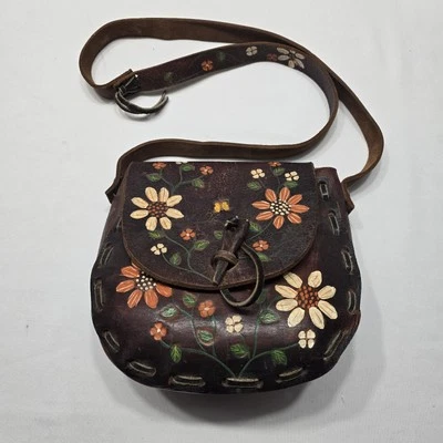 Bolso Cartera De Colección Años 60 70 Flower Power Cuero Marrón Tocado a Mano Hippie Boho  Foto 1 de 4