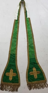 Antike Seidenbrokat Stola mit Gold Metallic Borte, Fransen & Applikation Kreuze - Bild 1 von 13