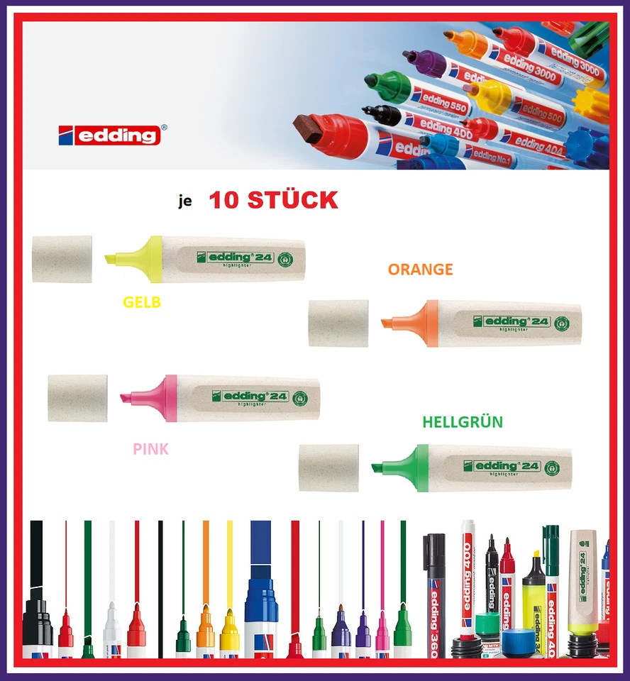 10 Stück EDDING Textmarker 24 Ecoline Strich-Breite 2-5mm  Farbauswahl - Bild 1 von 1
