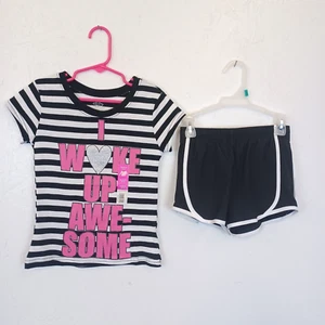 Girls T-Shirt & Running Shorts Set 4/5-Black-Pink-Striped-Solid - Picture 1 of 7