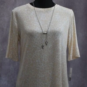 Nine West Top Sz S White Beige Animal Print Elbow Length Sleeves Crew Neck NWT - Picture 1 of 3
