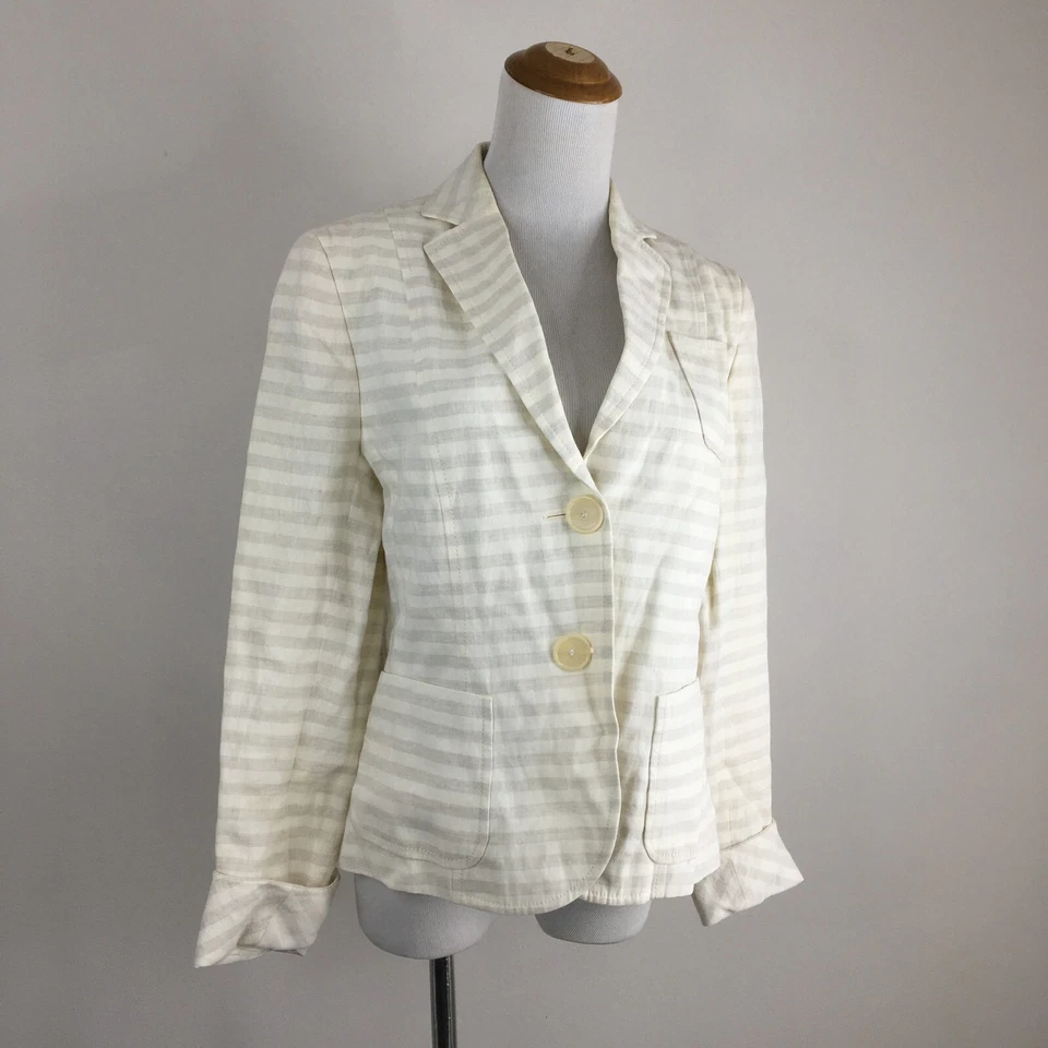 AKRIS PUNTO Cream Heather Gray Striped 100% Linen Blazer Jacket Womens sz 8 - Image 1 of 4