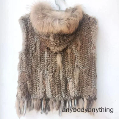 Women Hooded Knitted Real Rabbit Fur Vest with Sleeveless Genuine Gilet Outwear - Image 1 of 4