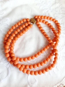 Vintage Choker Necklace Galalith Faux Coral Triple Strand Necklace Brass Clasp - Picture 1 of 5