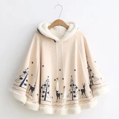 Lady Girl Cloak Cape Coat Poncho Fleece Cute Hooded Loose Japanese Kawaii Casual - Image 1 of 4