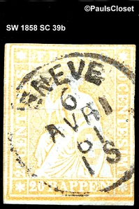 SW 1858 SC 39b HELVETIA YELLOW ORANGE WITH GREEN THREAD 20r USED NO GUM FINE - Picture 1 of 2