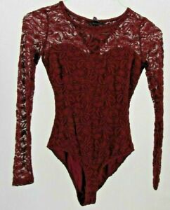 Material Girl Burgundy Illusion Lace Keyhole Back Bodysuit Juniors Size XXS