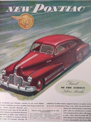 Pontiac Print Ad Original Vtg 1945 Silver Streak Red Coupe Schlitz Beer Kiss Hop - Image 1 of 4