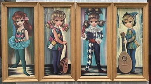 Vintage Eden Big Eye Harlequin Mopet Print Set of 4 Wood Framed Granny Kitschy - Picture 1 of 16