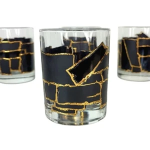 Georges Briard Black 22 Kt Gold Mosaic Heavy Bottom Vintage MCM Rocks Glass 6 Pc - Picture 1 of 11