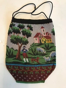 FRENCH MICRO BEAD VICTORIAN PURSE, SHEPHERD, DOG, SHEEP, TREE, HOUSES, SCENIC - Picture 1 of 12