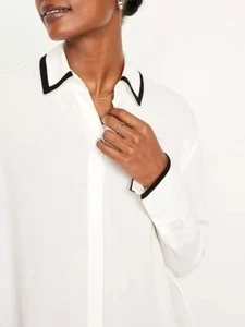 NEW OLD NAVY Womens Loose Boyfriend Crepe Blouse Shirt Top Sea White w/Trim M L - Picture 1 of 3
