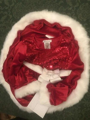 NWT Bonnie Jean 14 Mrs Claus christmas twirl dress fur glitter sequins red WOW! - Image 1 of 4
