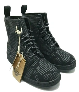 Dr.Martens Newton Unisex Leather Reflective Snake Print 8 eye Boots Black Nubuck - Picture 1 of 8