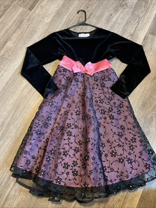 Girls Blue Beri Boulevard Holiday Party Dress Black Velvet Lace Rhinestones 16 - Picture 1 of 6