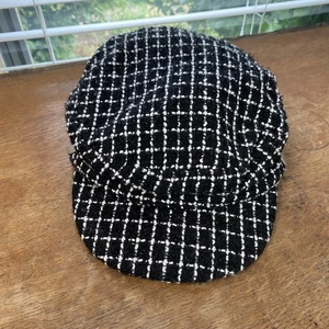 Newsboy Cap Black White Shiny Checks One Size Clean Time And True Elastic Back - Picture 1 of 9
