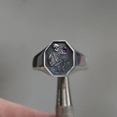 Memento Mori Amethyst Men's 925 Silver Ring - Image 1 of 4