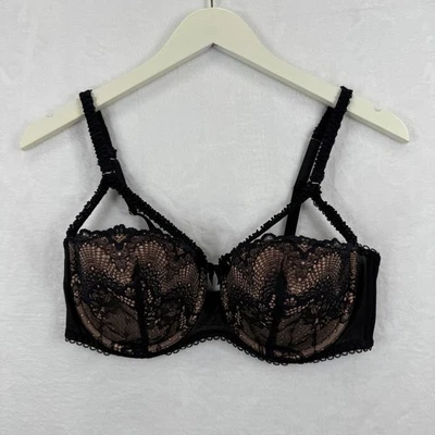 ADORE ME 36DD Black Lace Balconette Bra Nude Lining Strappy Detail - Image 1 of 4