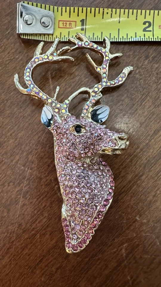 Broche Insignia Prendedor Insignia Cabeza de Ciervo Grande Rosa Cristal Esmaltado Estilo Art Deco Regalo Foto 1 de 4