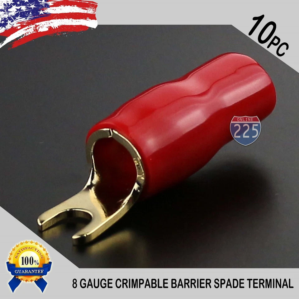 HORQUILLA DE PALA CHAPADA EN ORO TERMINAL CALIBRE 8 ROJO PAQUETE DE 10 CONECTORES AISLADOS CRIMPADO EE. UU. Foto 1 de 1